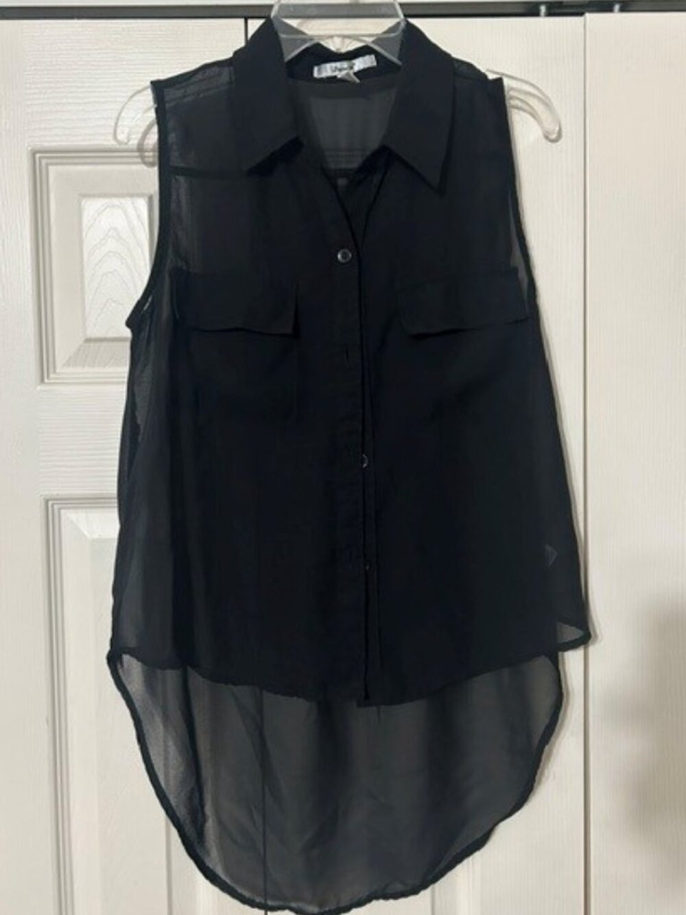Papaya Clothing sleeveless black sheer high-low blouse (M)